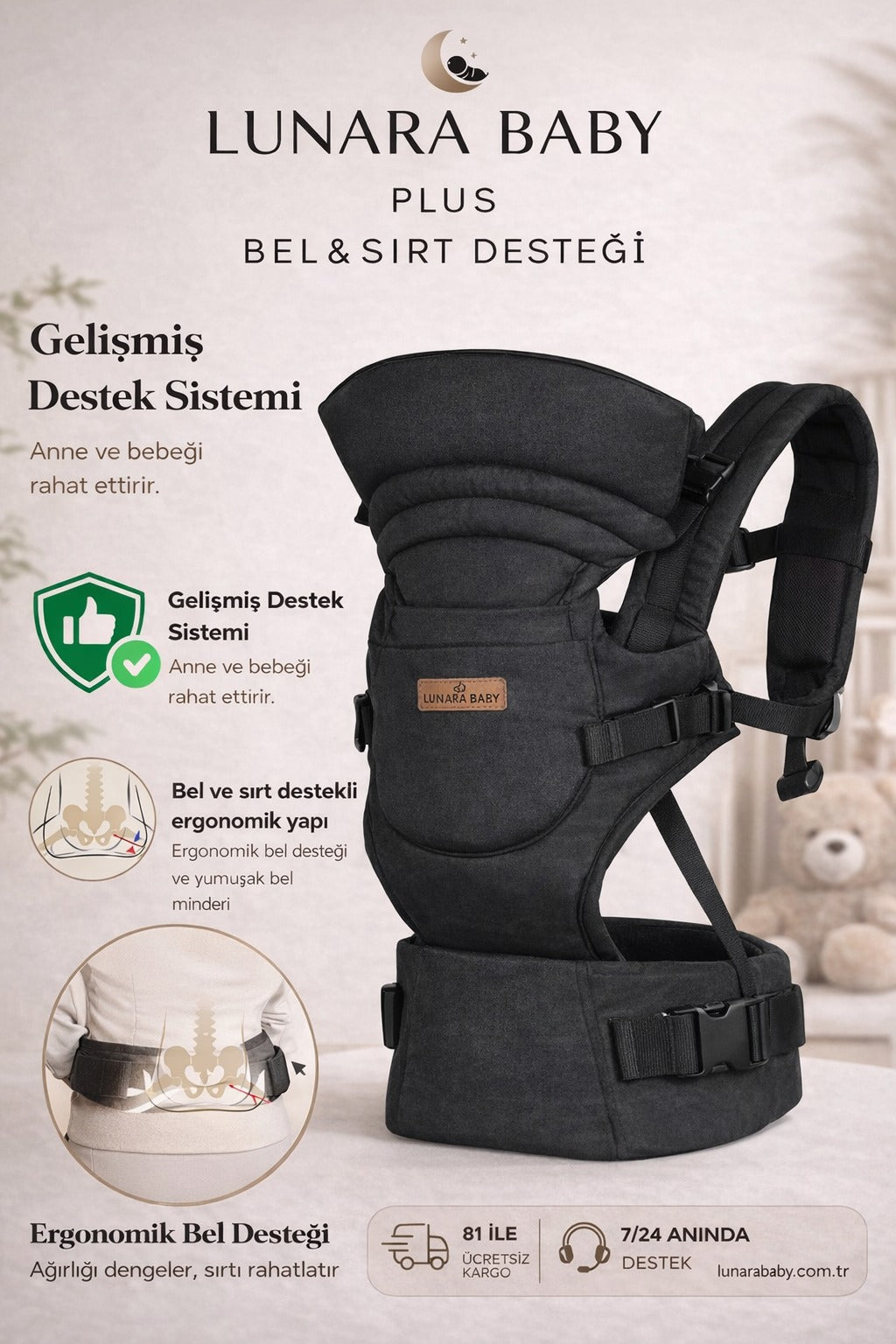 LUNARA BABY-Ergonomik Bebek Kangurusu(Keten Gri)