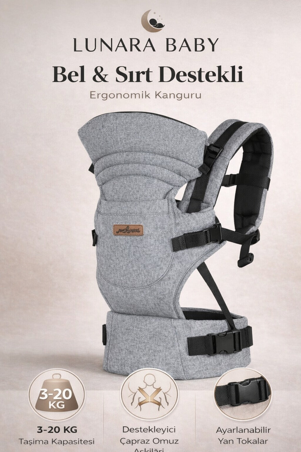 LUNARA BABY-Ergonomik Bebek Kangurusu(Keten Gri)