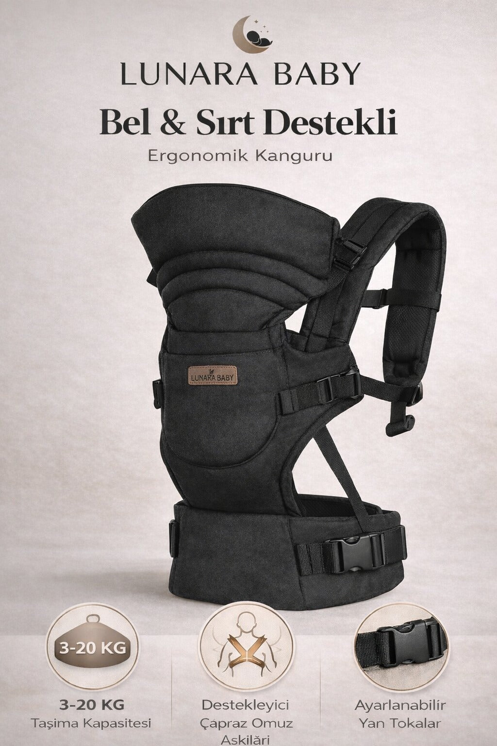LUNARA BABY-Ergonomik Bebek Kangurusu(Keten Gri)