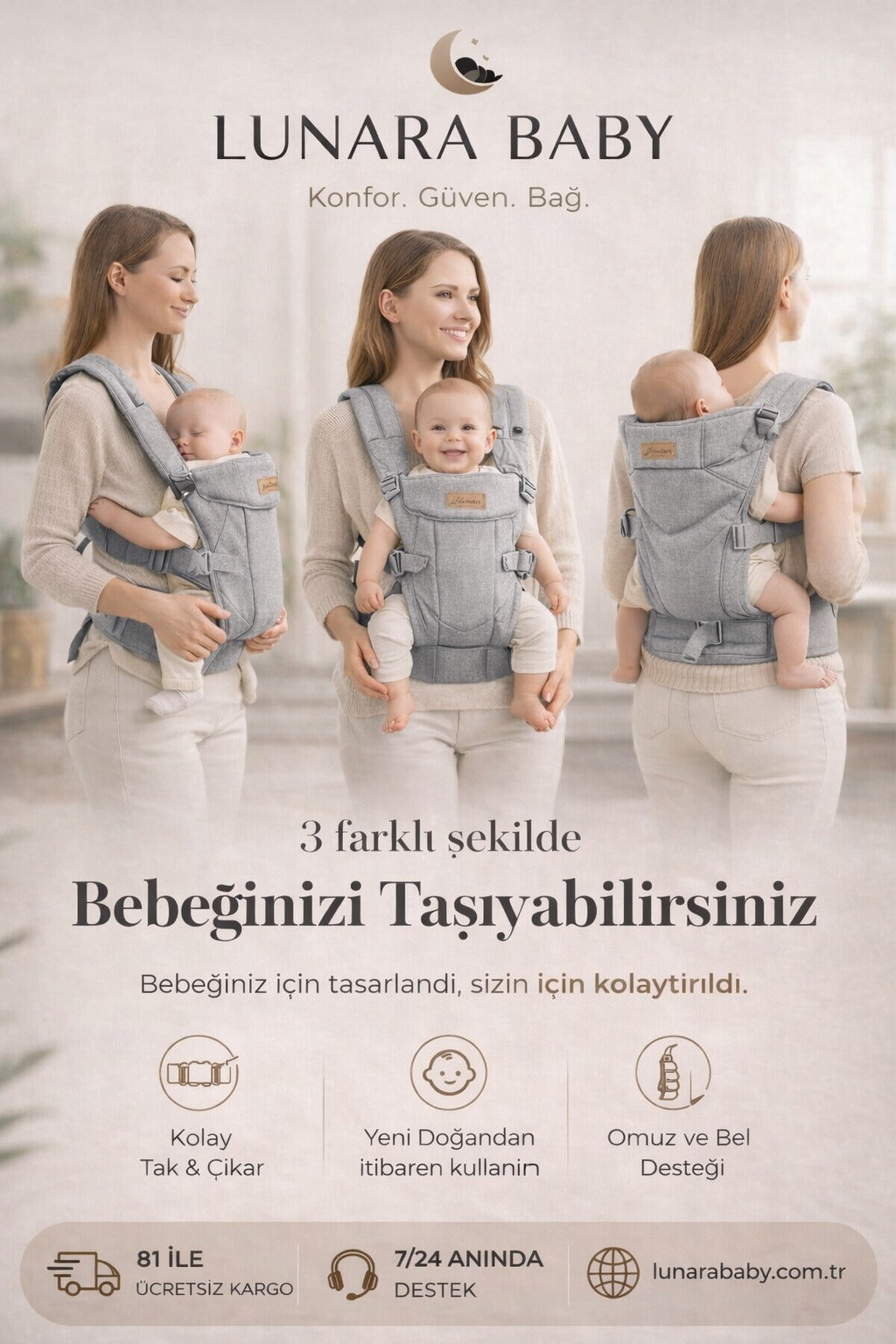 LUNARA BABY-Ergonomik Bebek Kangurusu(Keten Gri)
